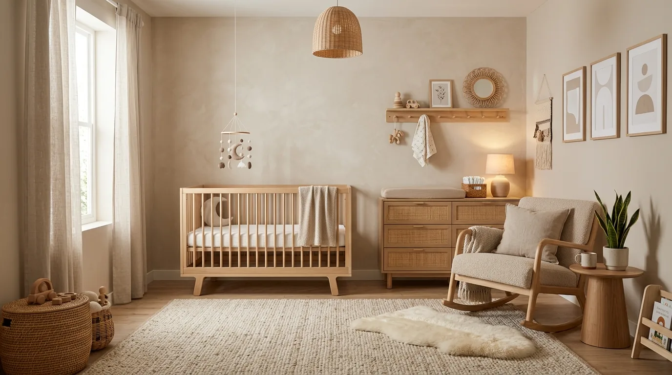 A dreamy blush and cream nursery with canopy corner and scalloped storage, no people