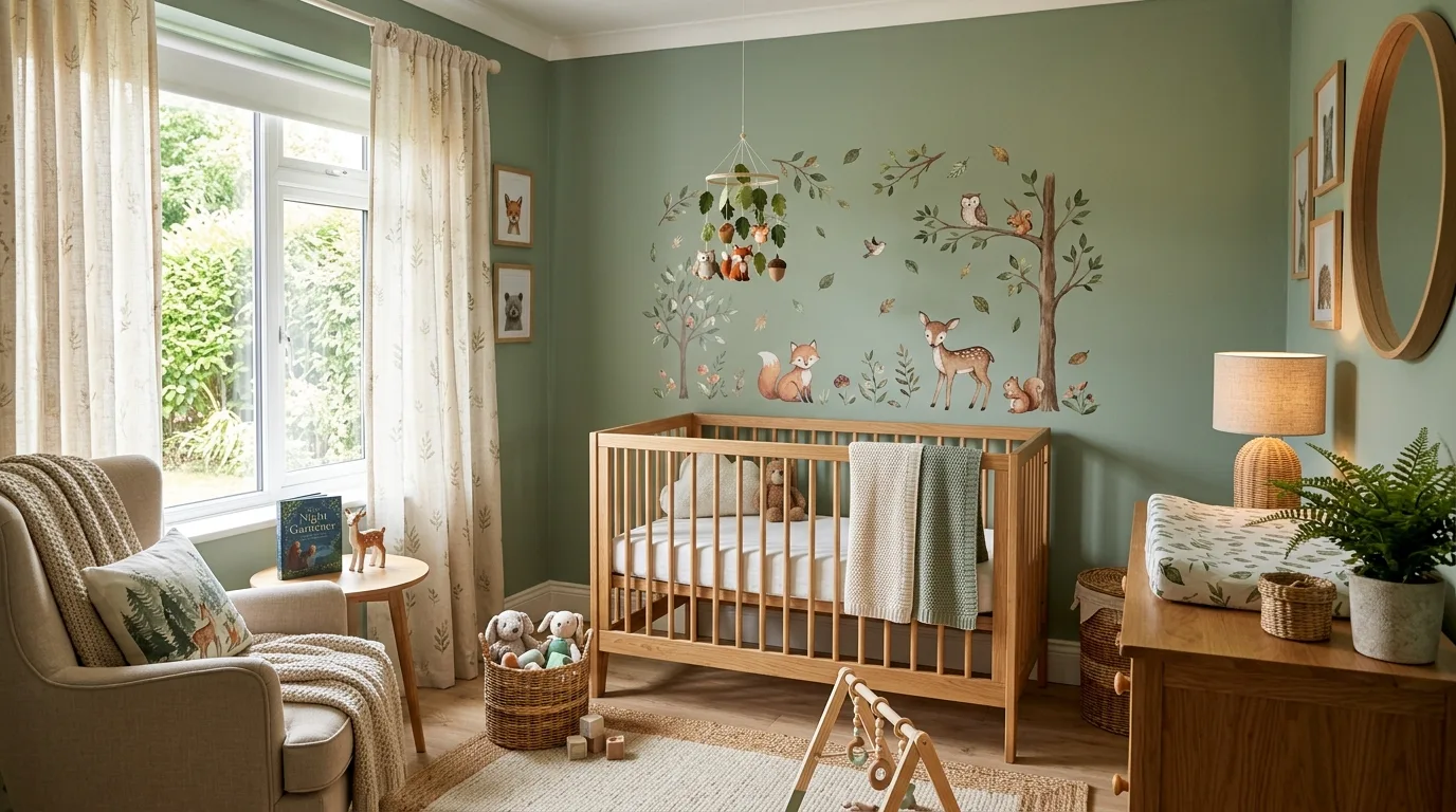 A woodland nursery with warm oak tones animal art and cozy glider, no people