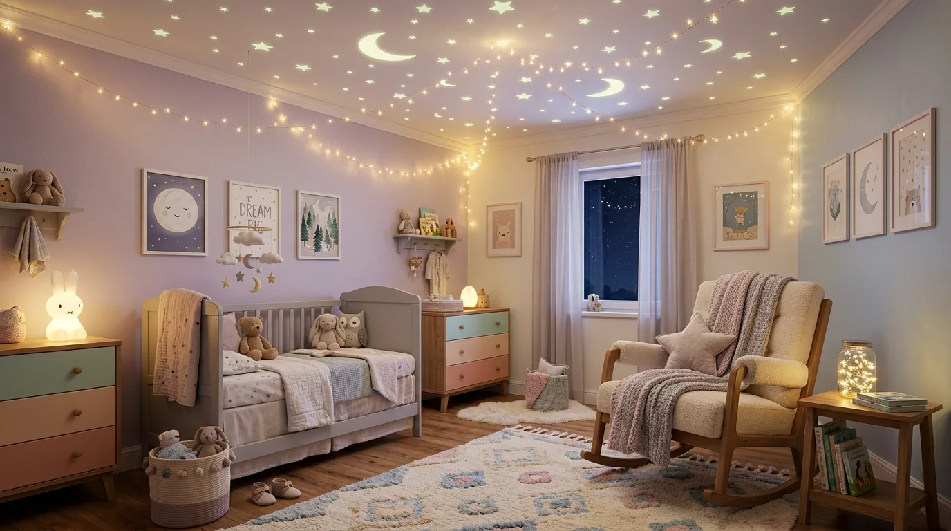 A sweet neutral nursery with arched book ledge and linen drapery, no people