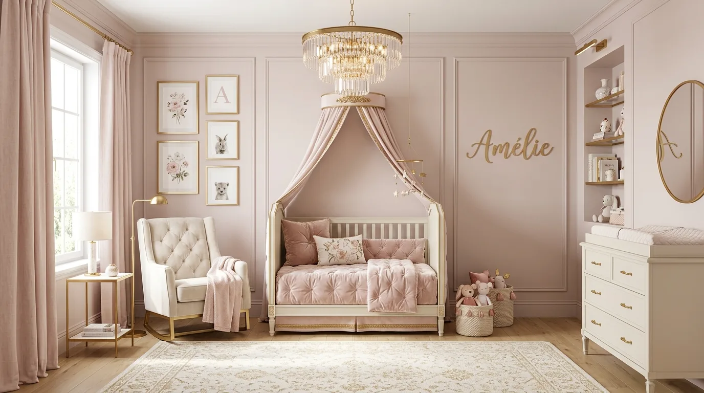 A dreamy vintage floral nursery with heirloom dresser and botanical prints, no people
