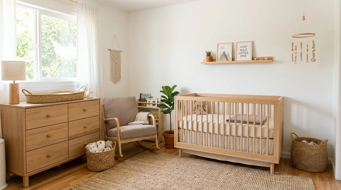 A sweet sky blue nursery with cloud mobile and layered rugs, no people