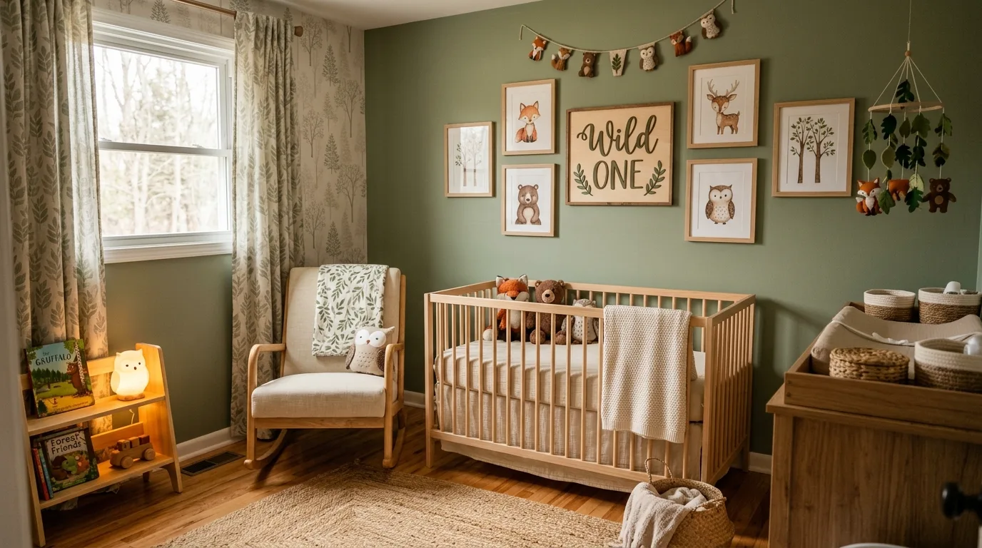 A nursery nook with built in changing station and woven baskets, no people