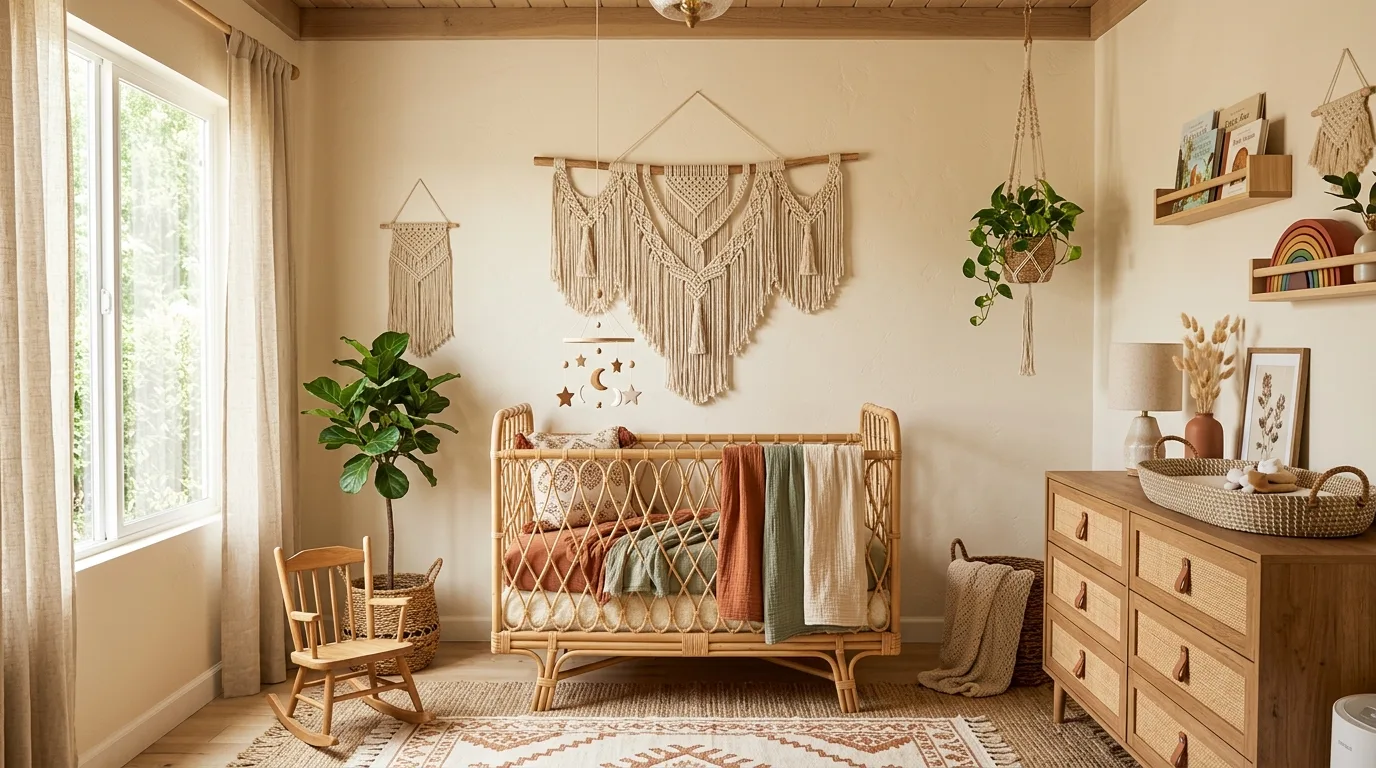 A storybook nursery with wallpaper mural and pale upholstered rocker, no people