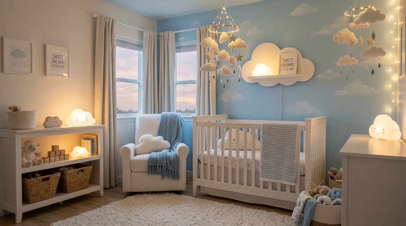A terracotta toned nursery with natural wood crib and textured wall hooks, no people