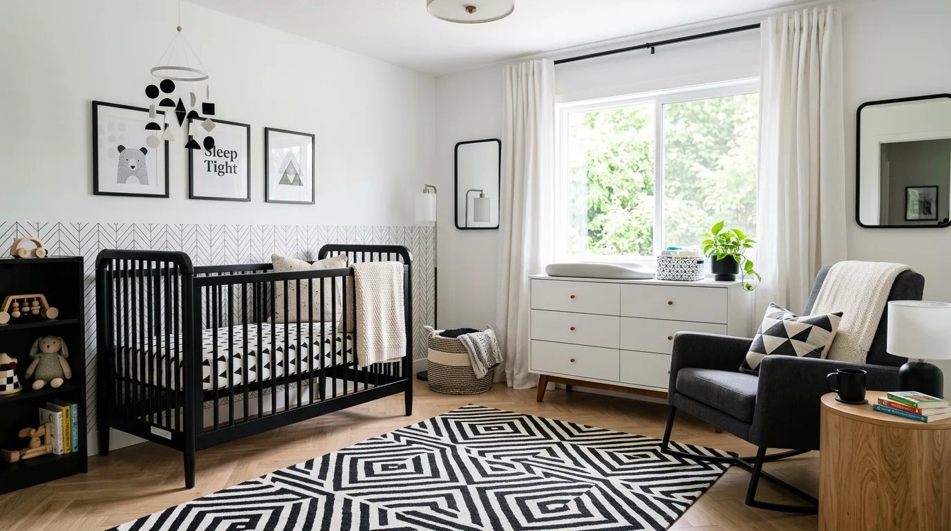 A dreamy twin nursery with matching cribs and central reading zone, no people