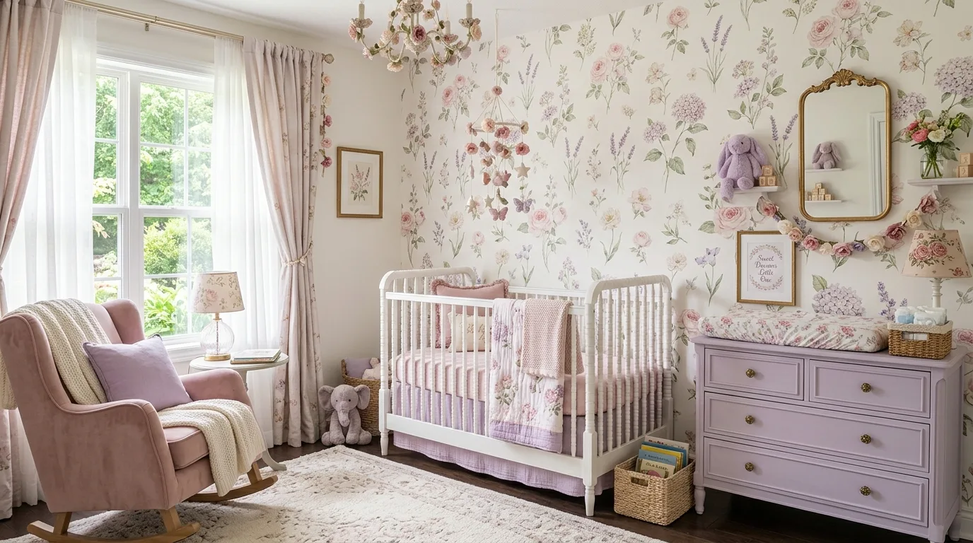 A small dreamy nursery with wall shelves slim dresser and soft color, no people
