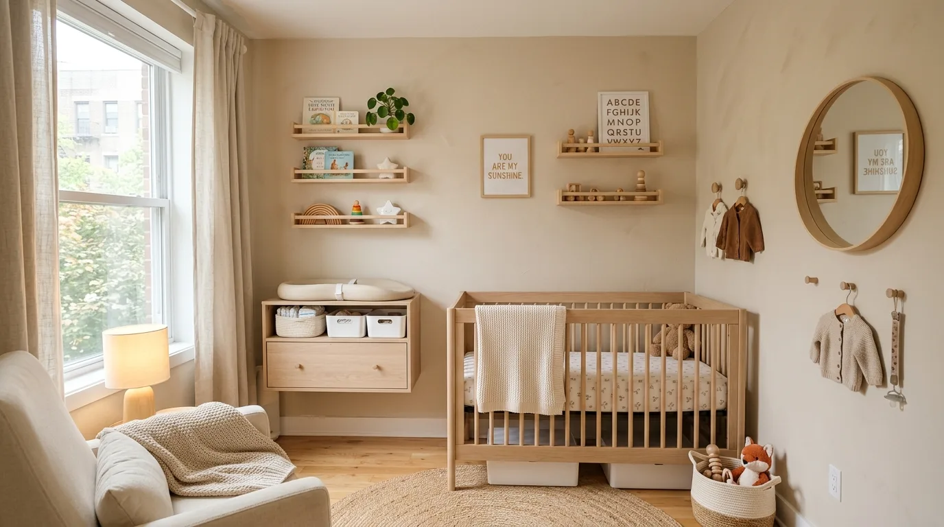 A sweet nursery with rainbow accents muted tones and playful textiles, no people