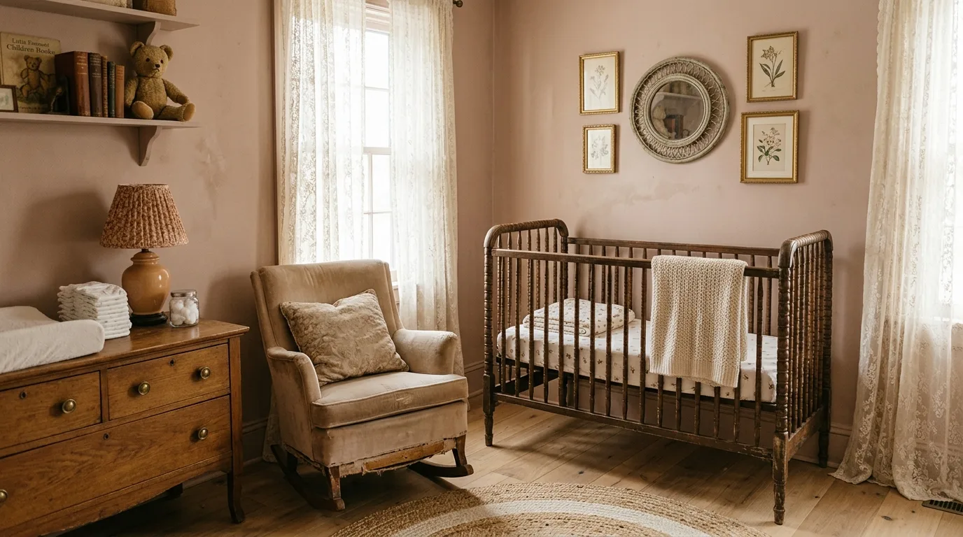 A cottage nursery with ruffled curtains floral lamp and painted wardrobe, no people
