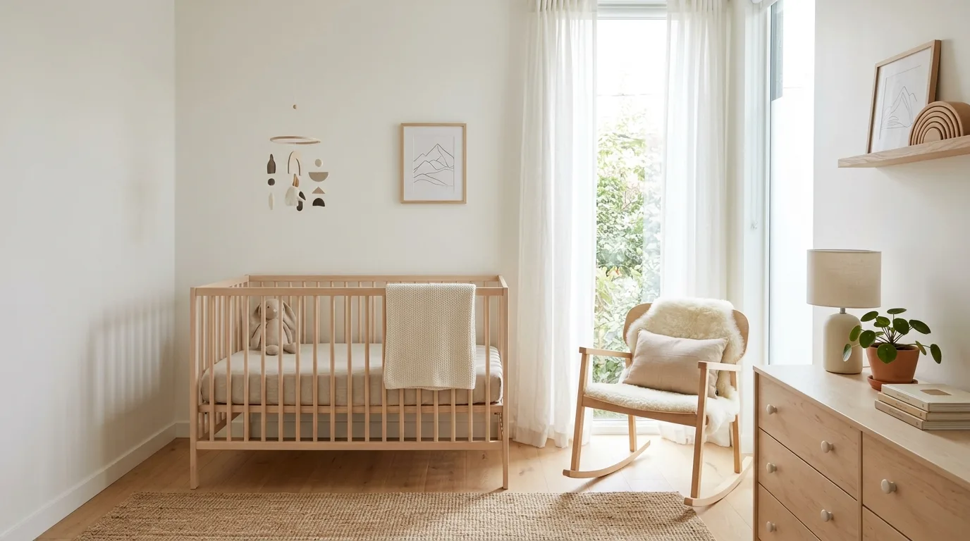 A modern dreamy nursery with paneled walls warm lighting and sculptural mobile, no people
