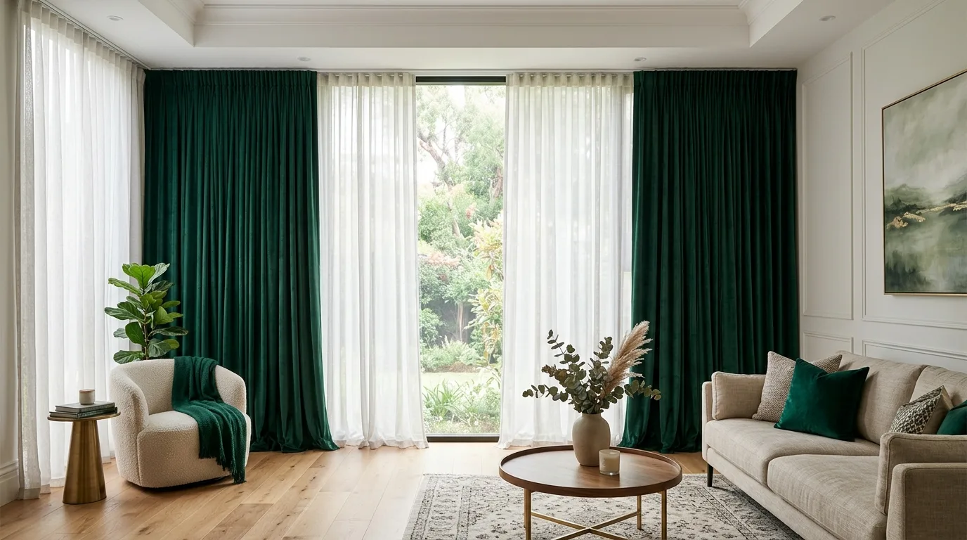 Unique layered curtains with sheers and velvet for dramatic softness, no people
