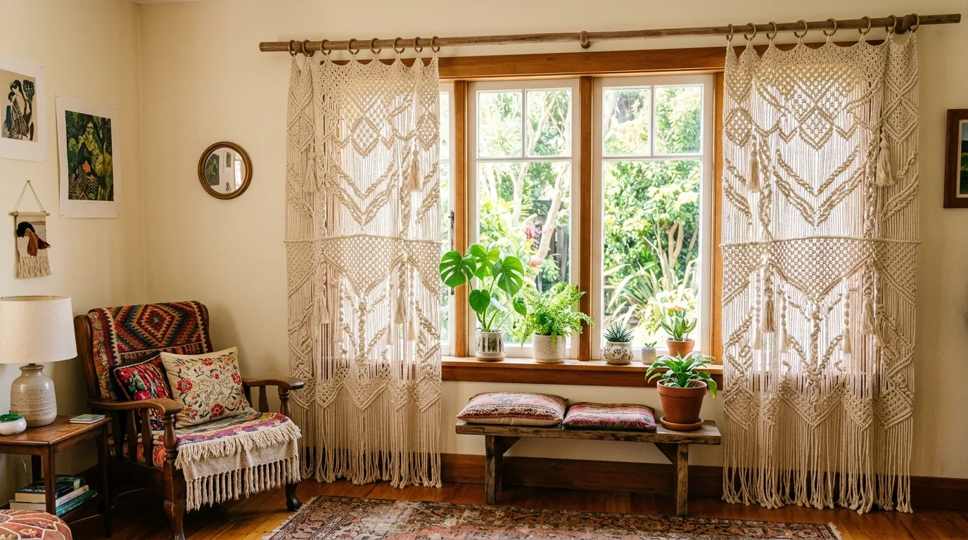 Unique cafe curtains paired with an upper Roman shade, no people