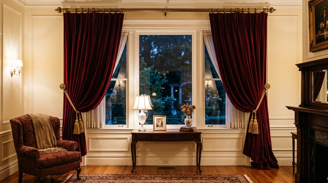 Unique scalloped edge curtains in a simple room, no people
