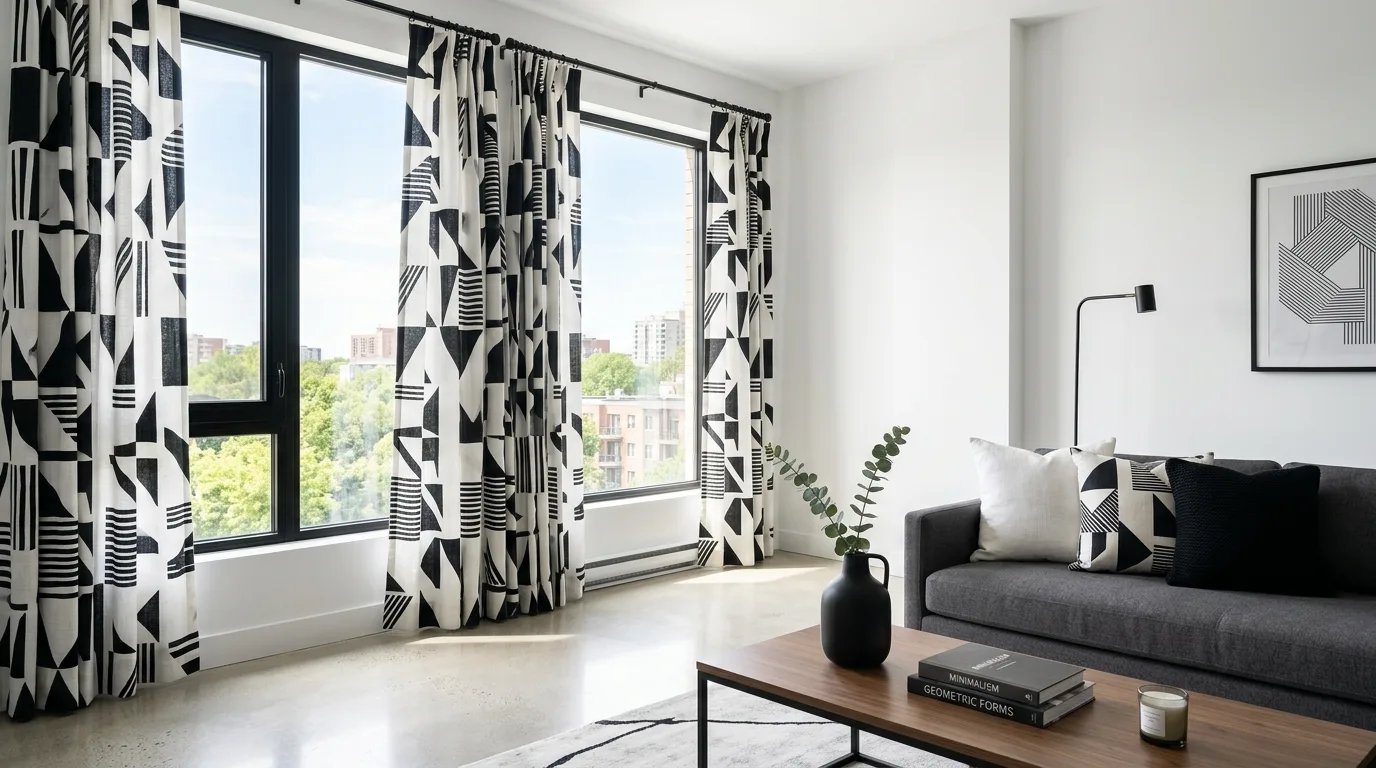 Unique block printed botanical curtains with relaxed linen texture, no people