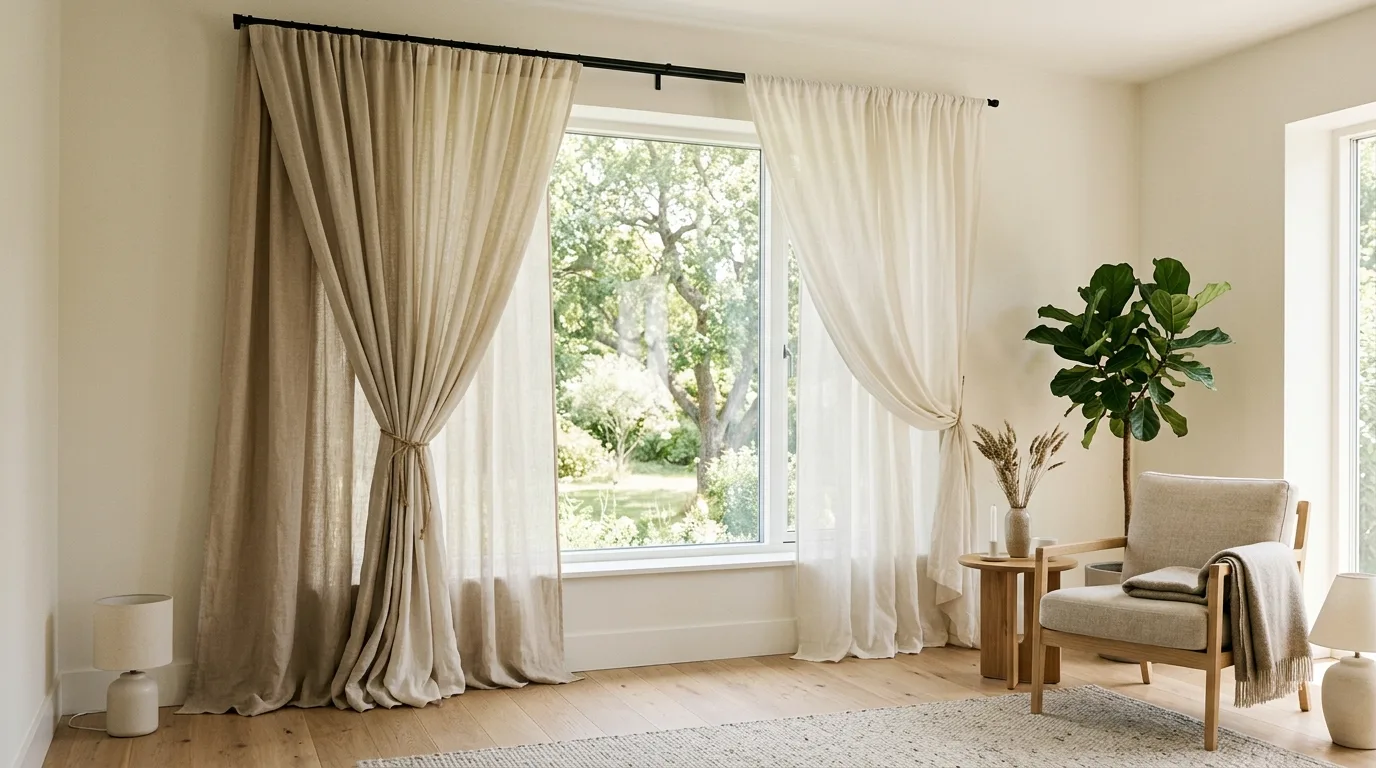 Unique color blocked curtain panels in a neutral room, no people