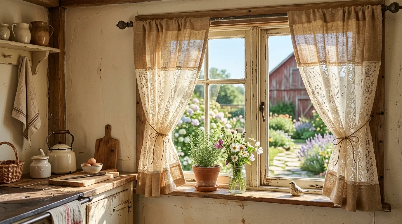 Unique double rod curtains with patterned inner panels and neutral outers, no people