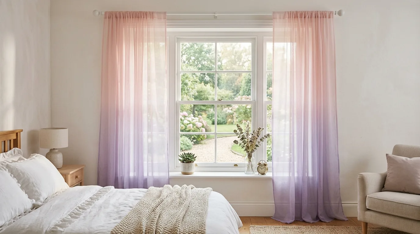 Unique floor to ceiling striped curtains in a small room, no people