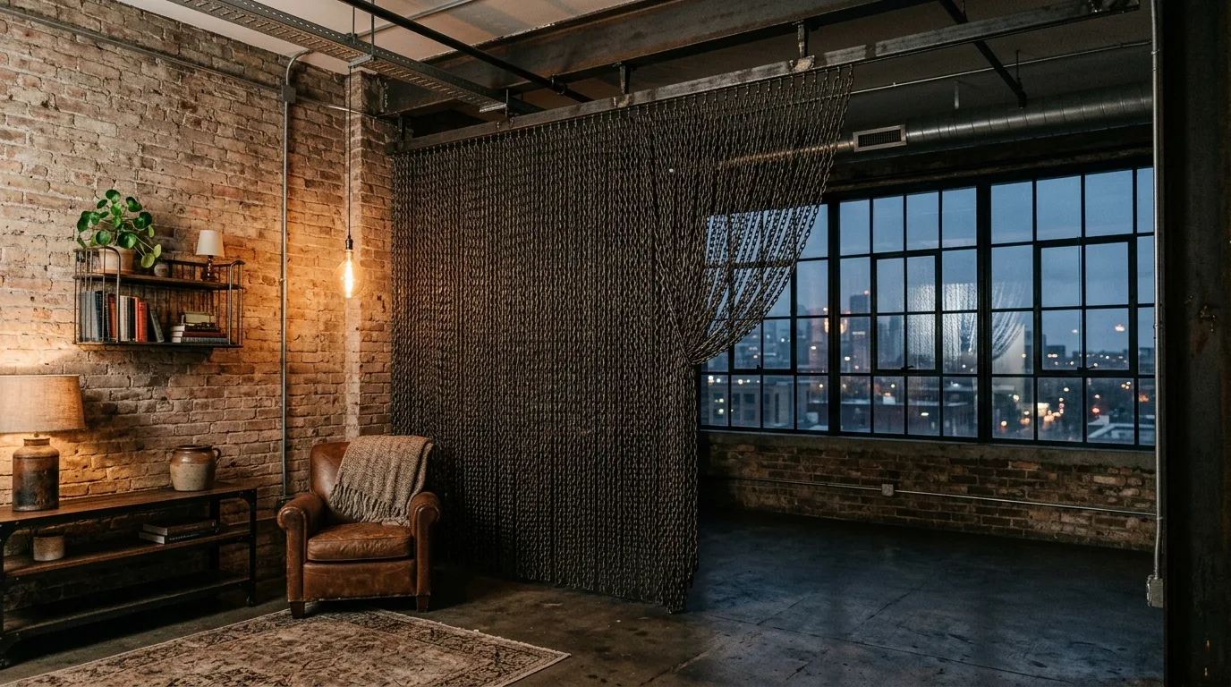 Unique curtains with beaded trim around a reading nook, no people