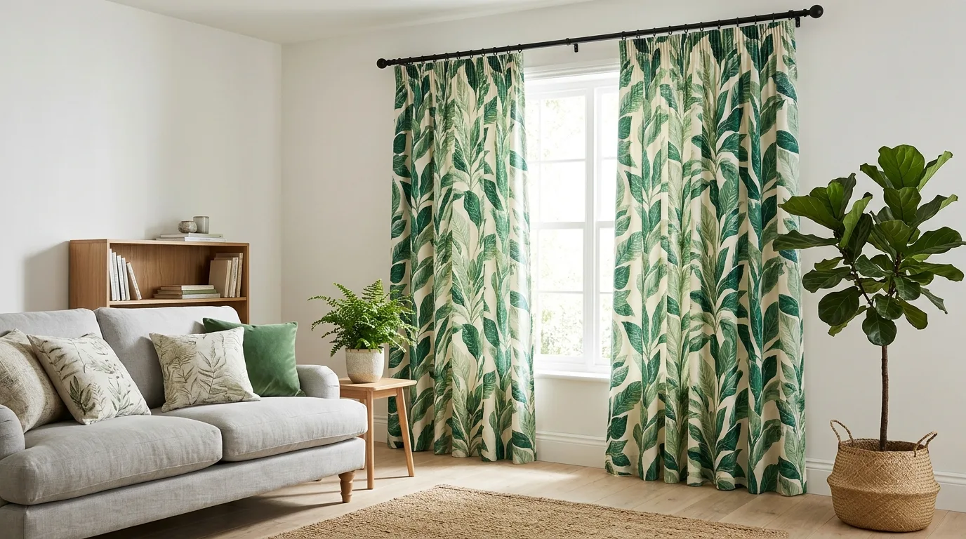 Unique half canopy curtains framing a bed, no people