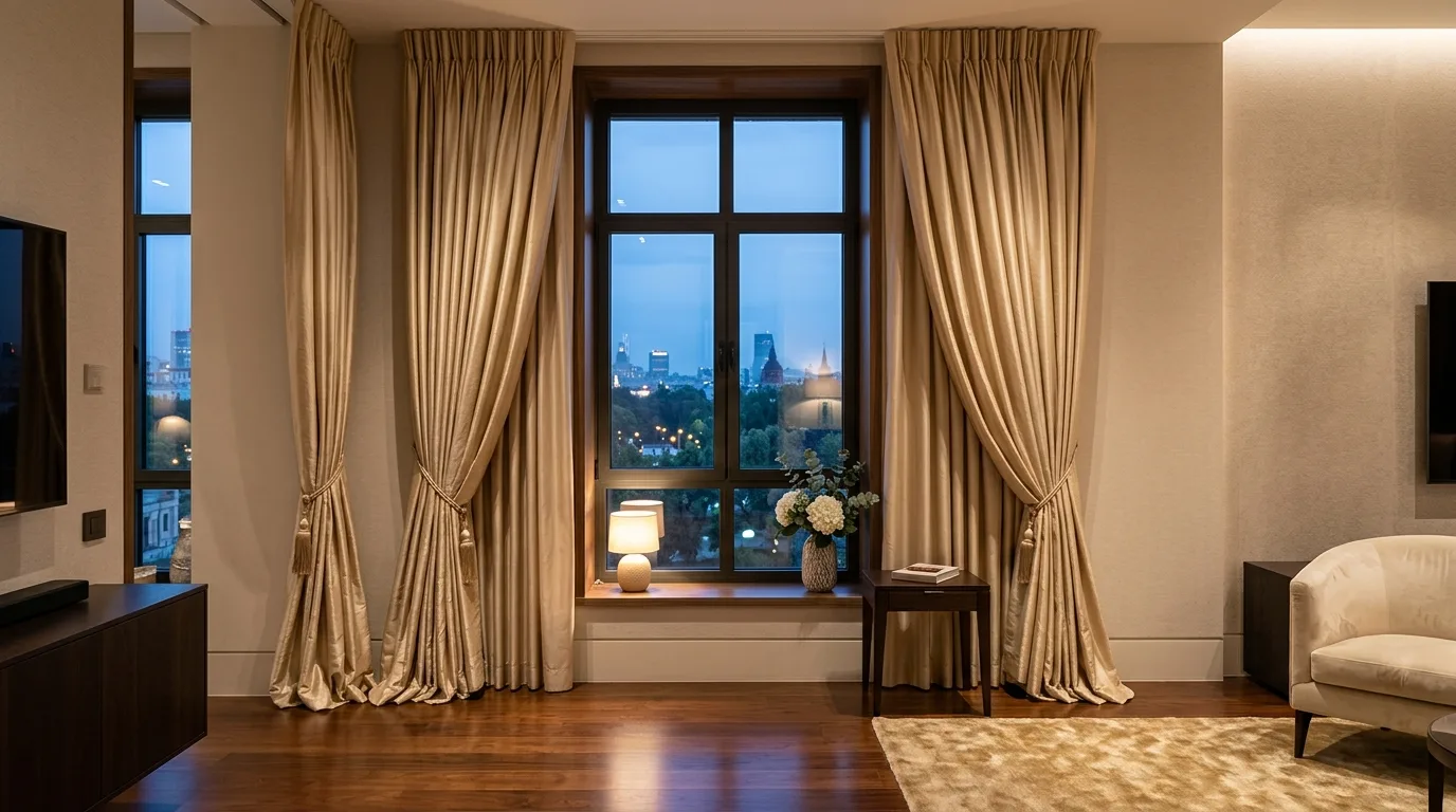 Unique layered window treatment with woven shade and gauzy panels, no people