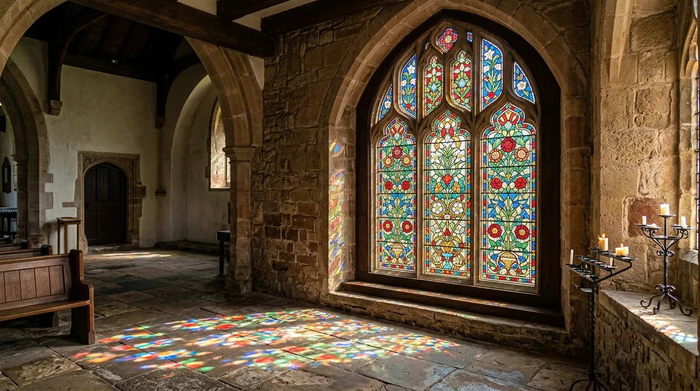 A colorful stained glass entry window with jewel toned floral panes, no people