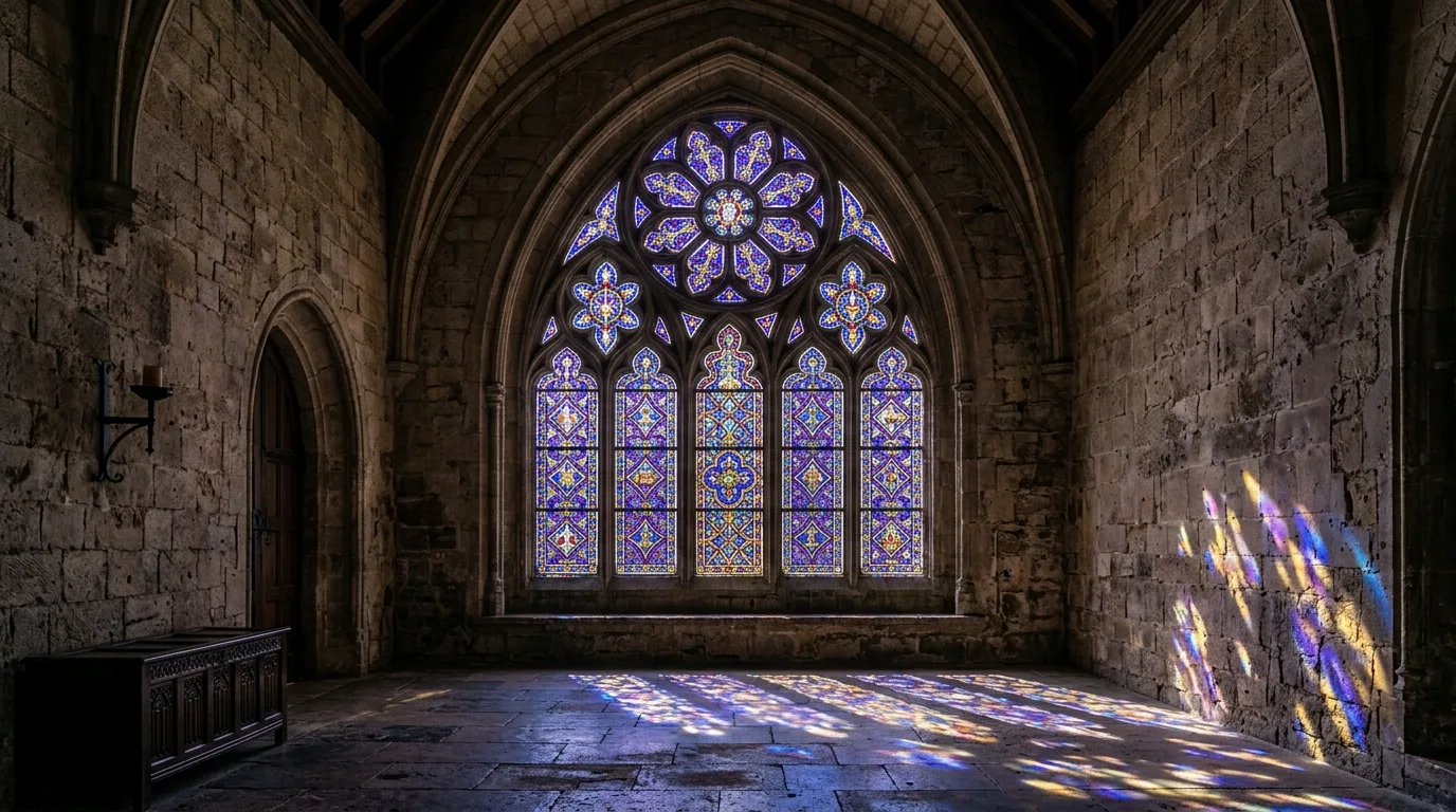 A colorful stained glass kitchen transom with amber blue and green geometric pieces, no people