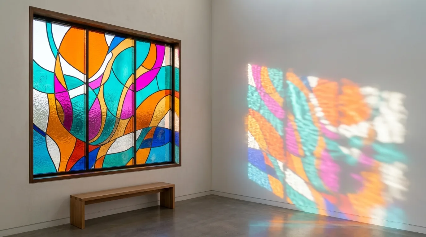 A pastel stained glass bathroom window with detailed leading, no people
