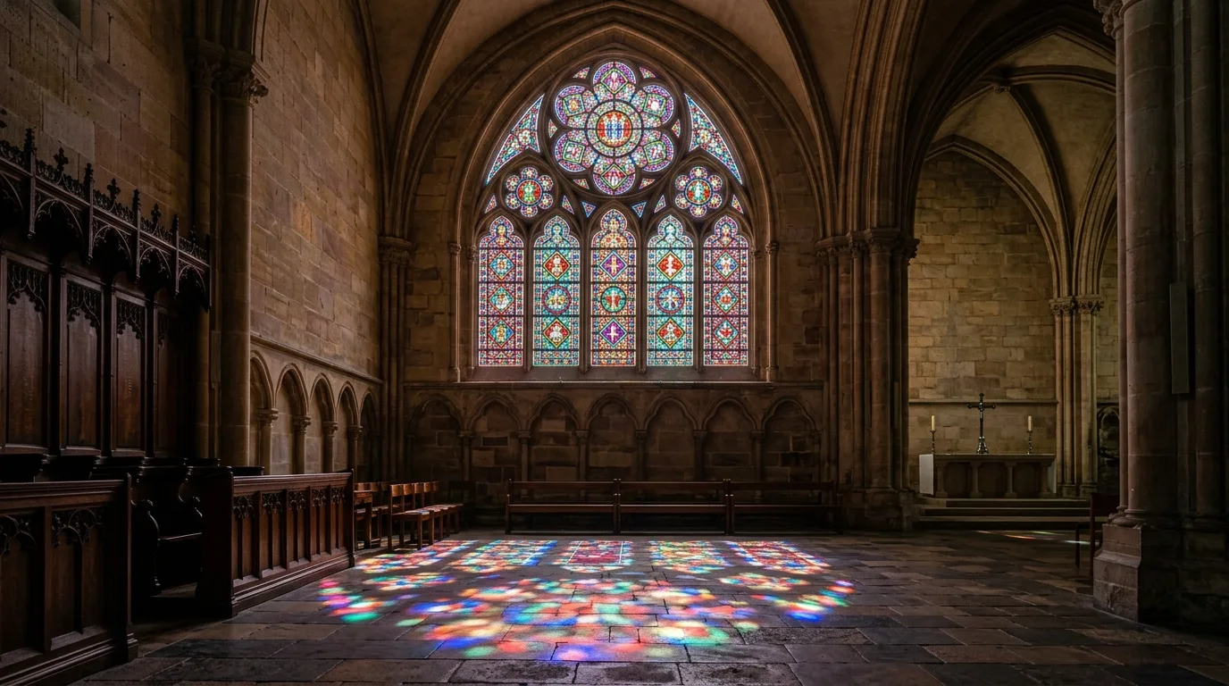 A colorful stained glass stair landing panel with art nouveau lines, no people