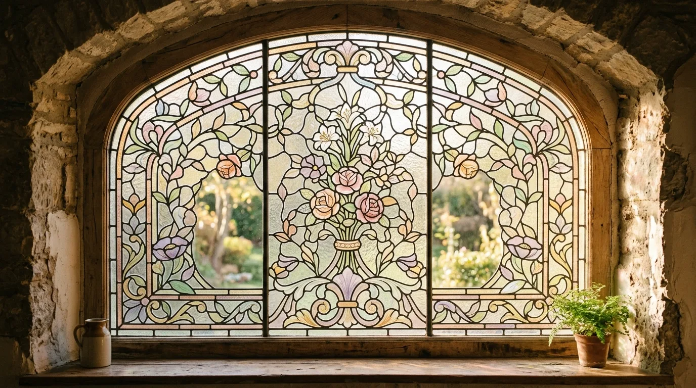 A colorful stained glass dining room window with ruby borders and textured center, no people