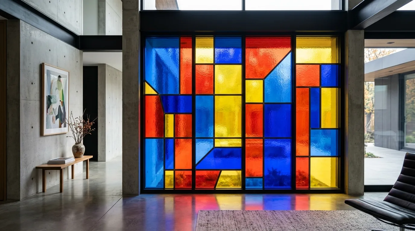 A botanical stained glass sunroom window with shifting rainbow light, no people