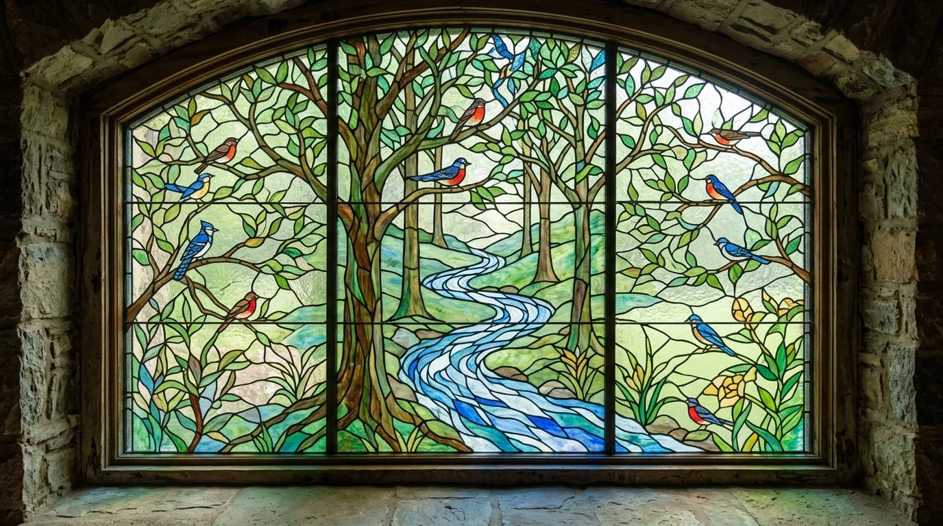 A colorful interior stained glass window with patchwork color between rooms, no people