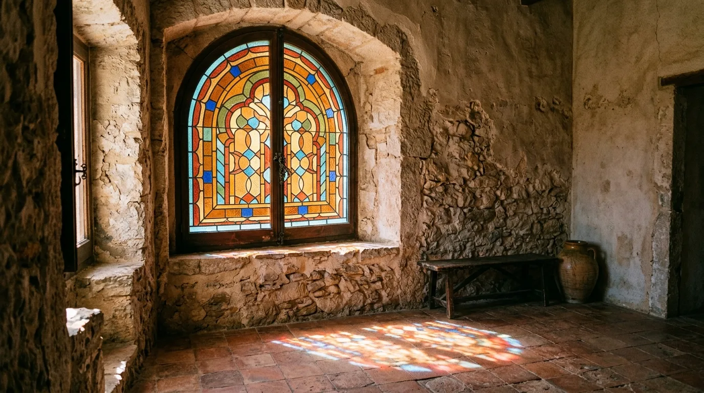 A colorful stained glass front door side panel with peacock inspired blues and teals, no people