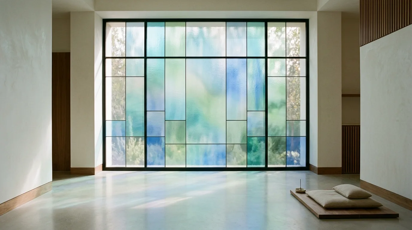 A colorful arched stained glass bedroom window with mauve petals and pale gold, no people