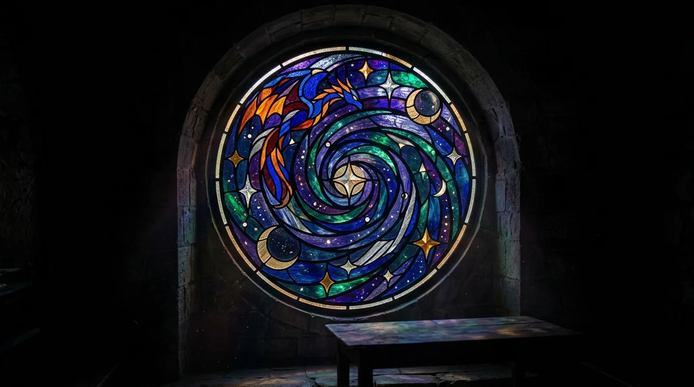 A colorful stained glass skylight insert reflecting color on hallway walls, no people