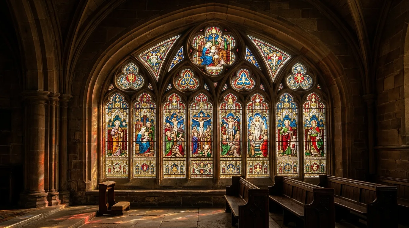 A traditional colorful stained glass parlor window with roses and emerald borders, no people