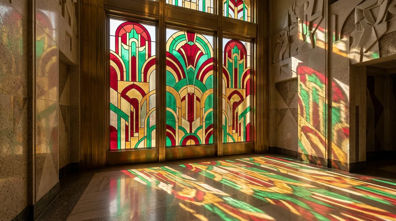 A modern colorful stained glass panel with three colors and bold leading lines, no people