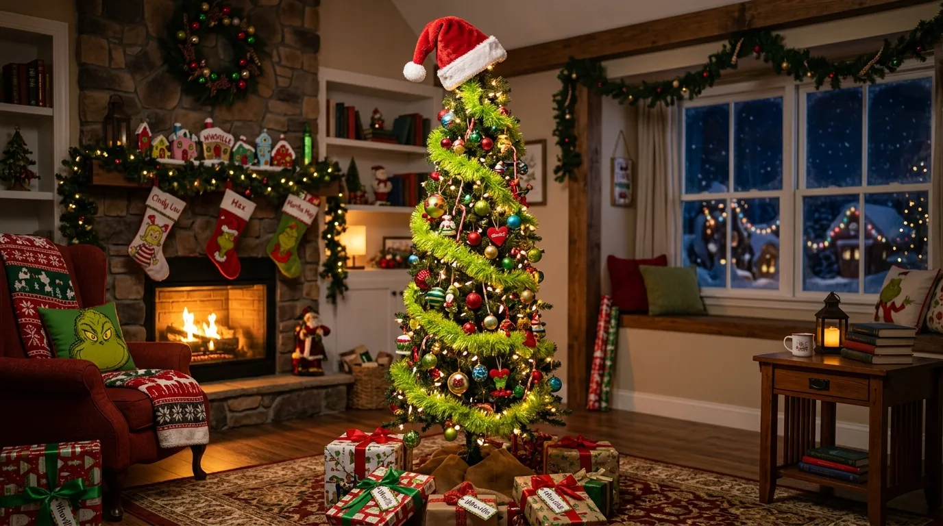 A whimsical Grinch Christmas tree with lime green styling striped ornaments and red ribbon, no people