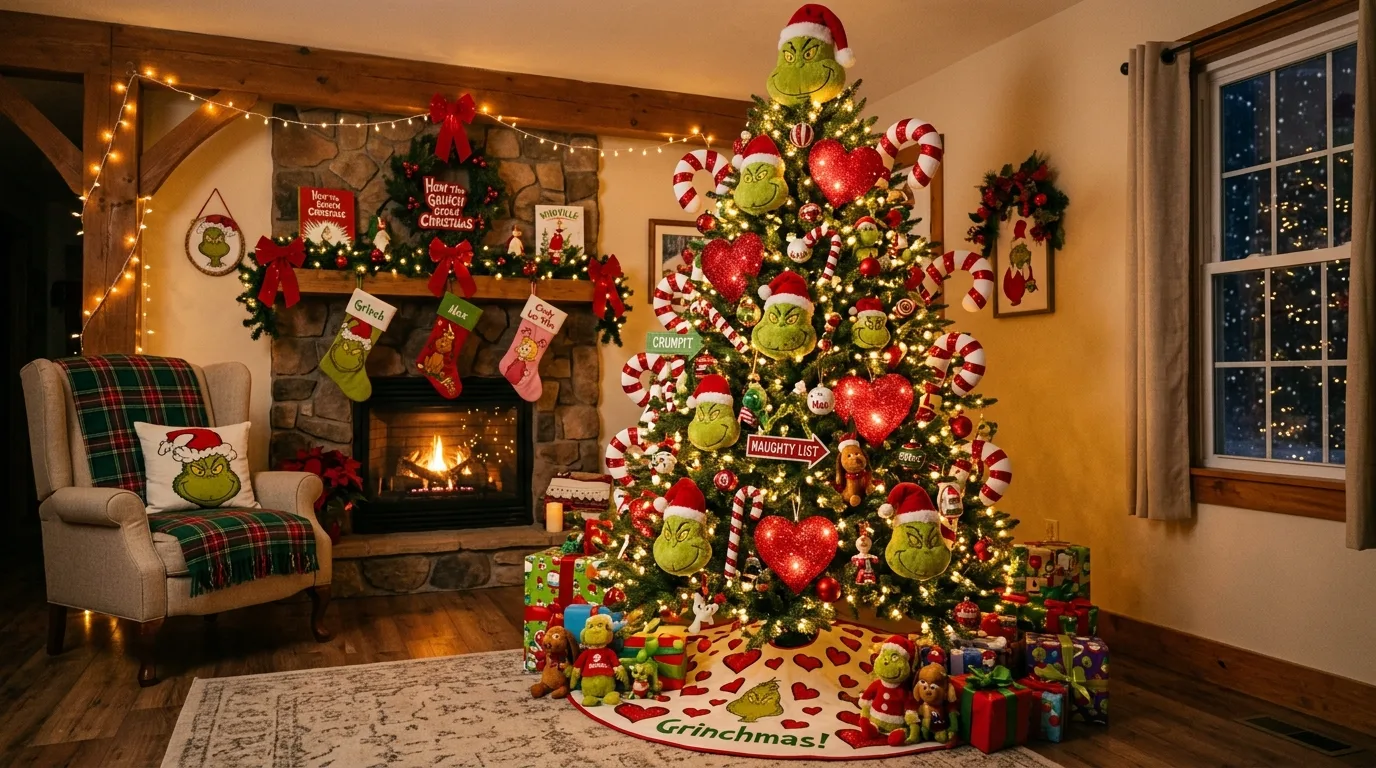 A whimsical bent Grinch Christmas tree with a fuzzy topper, no people