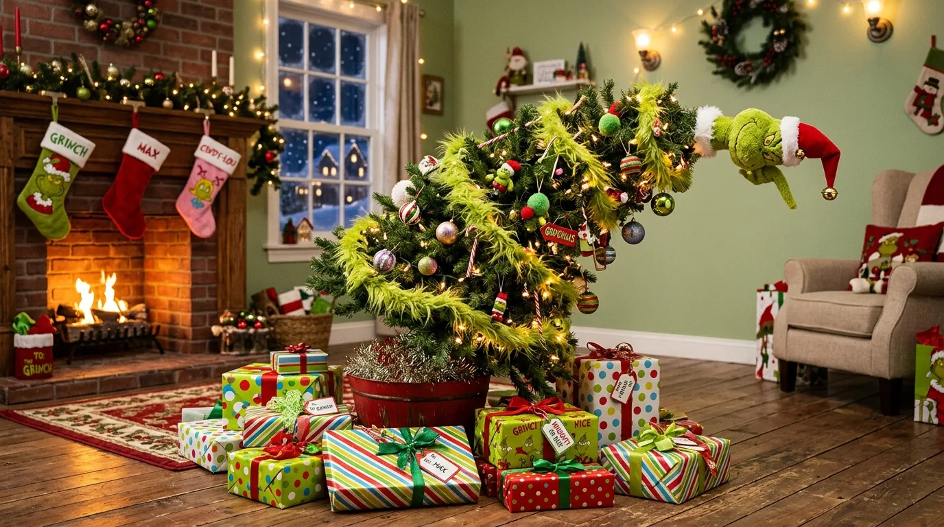 A whimsical black and green Grinch Christmas tree with neon baubles, no people