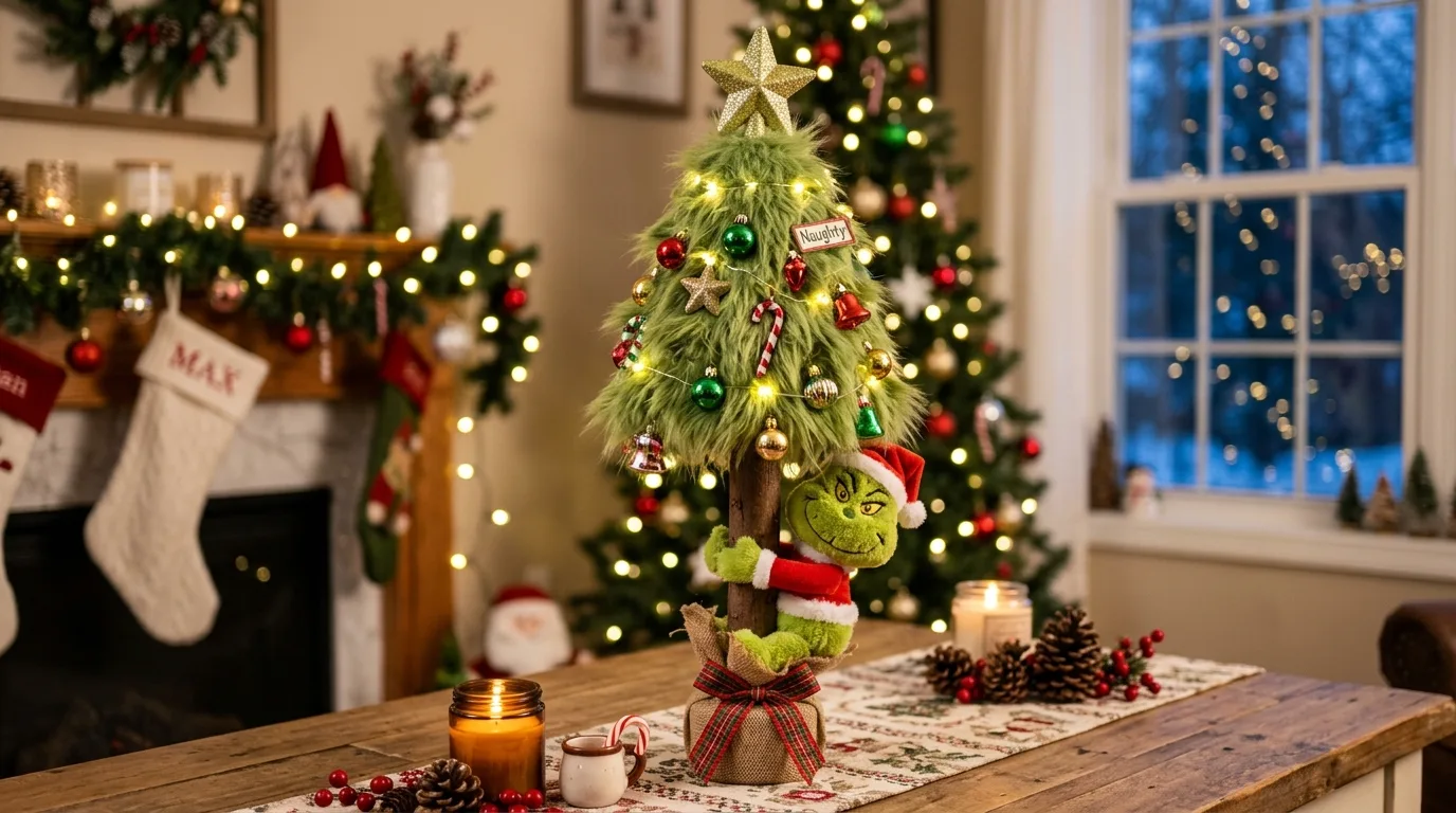 A whimsical Grinch Christmas tree with peppermint ribbon and playful candy ornaments, no people