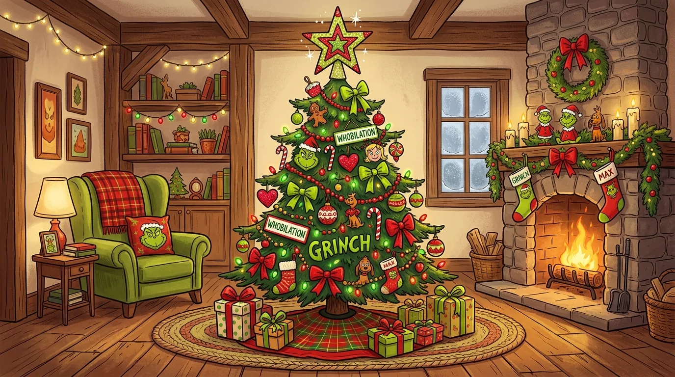 A whimsical flocked Grinch Christmas tree with acid green accents and sign tags, no people
