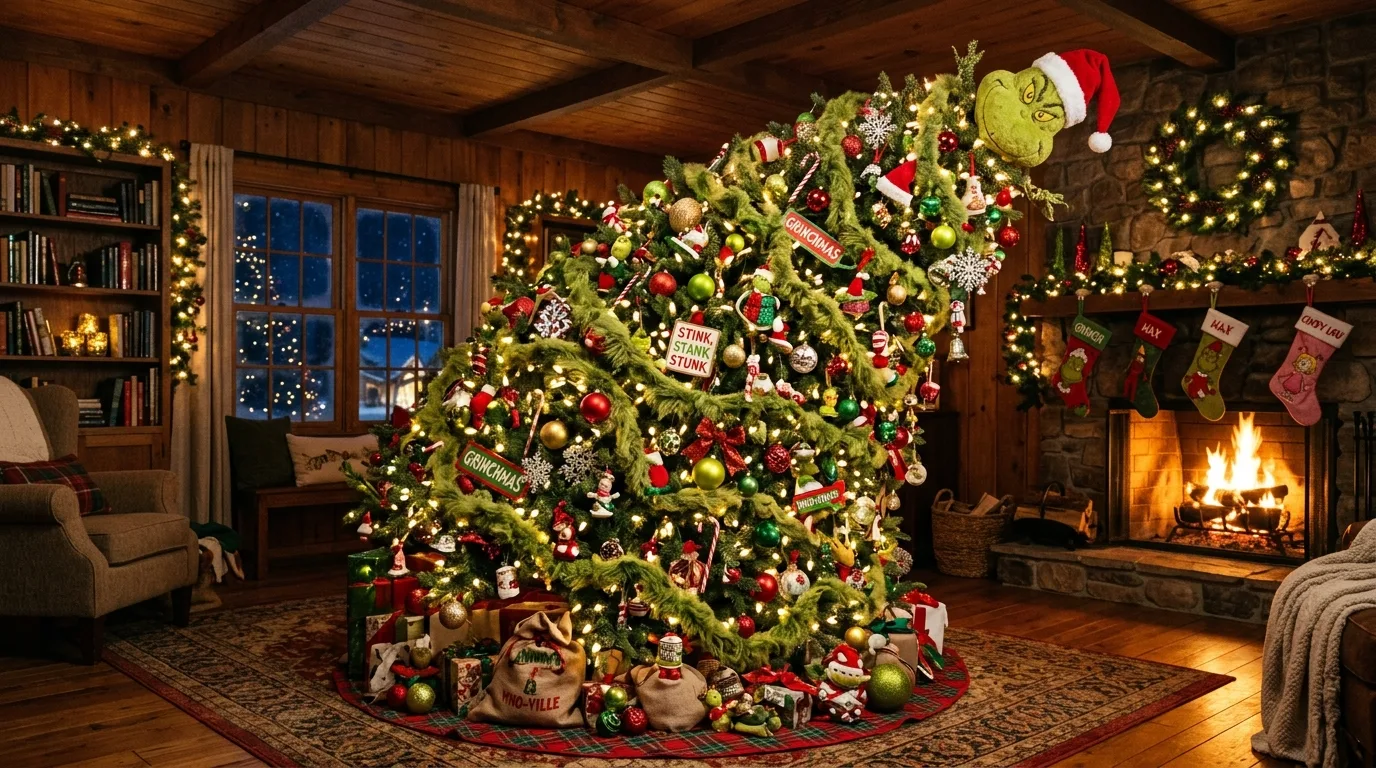 A whimsical family room Grinch Christmas tree with character ornaments and plaid ribbon, no people
