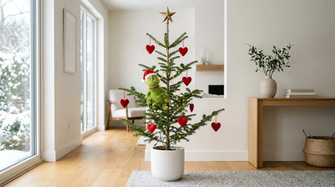 A whimsical Whoville style Grinch Christmas tree with pom poms and tiny houses, no people