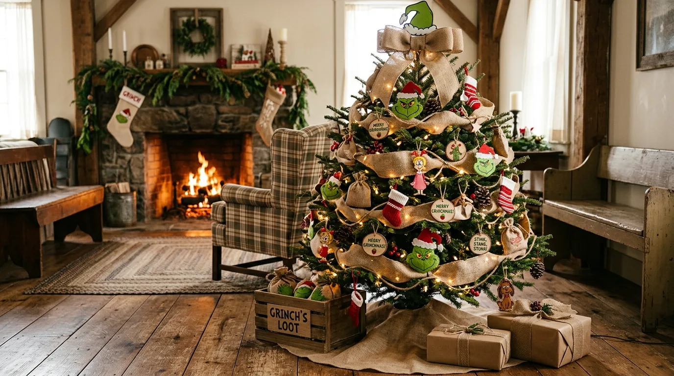 A whimsical tabletop Grinch Christmas tree with exaggerated topper and fuzzy skirt, no people