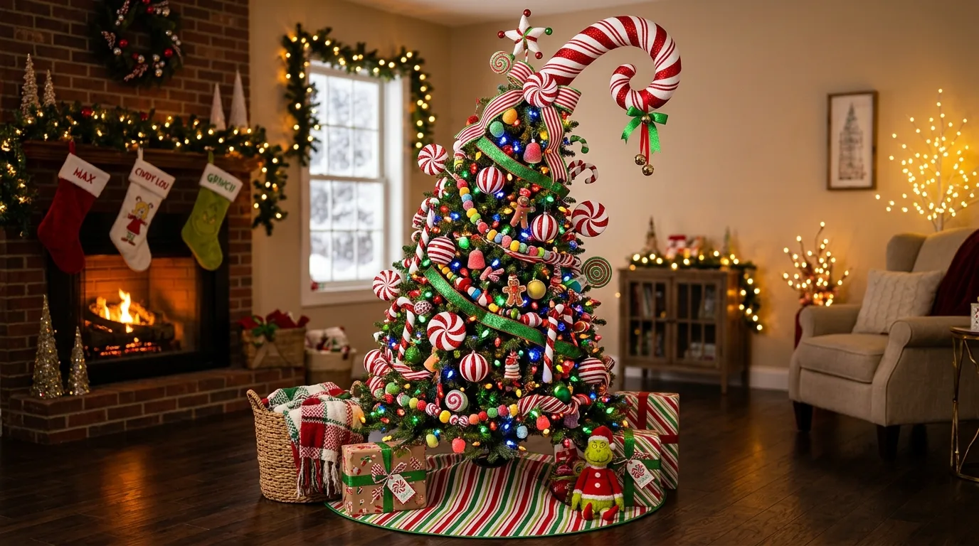A curated whimsical Grinch Christmas tree with bent ribbon lines and limited colors, no people