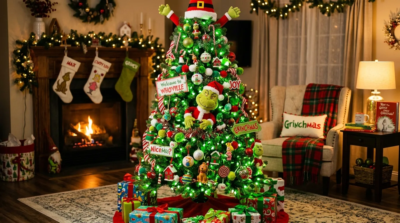 A maximal whimsical Grinch Christmas tree with mesh glitter ornaments and dramatic curl, no people