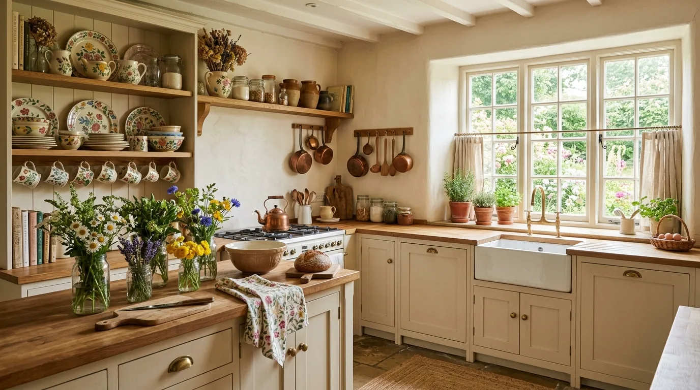 A charming cottagecore kitchen with cream cabinets open shelves dried herbs and floral teacups, no people