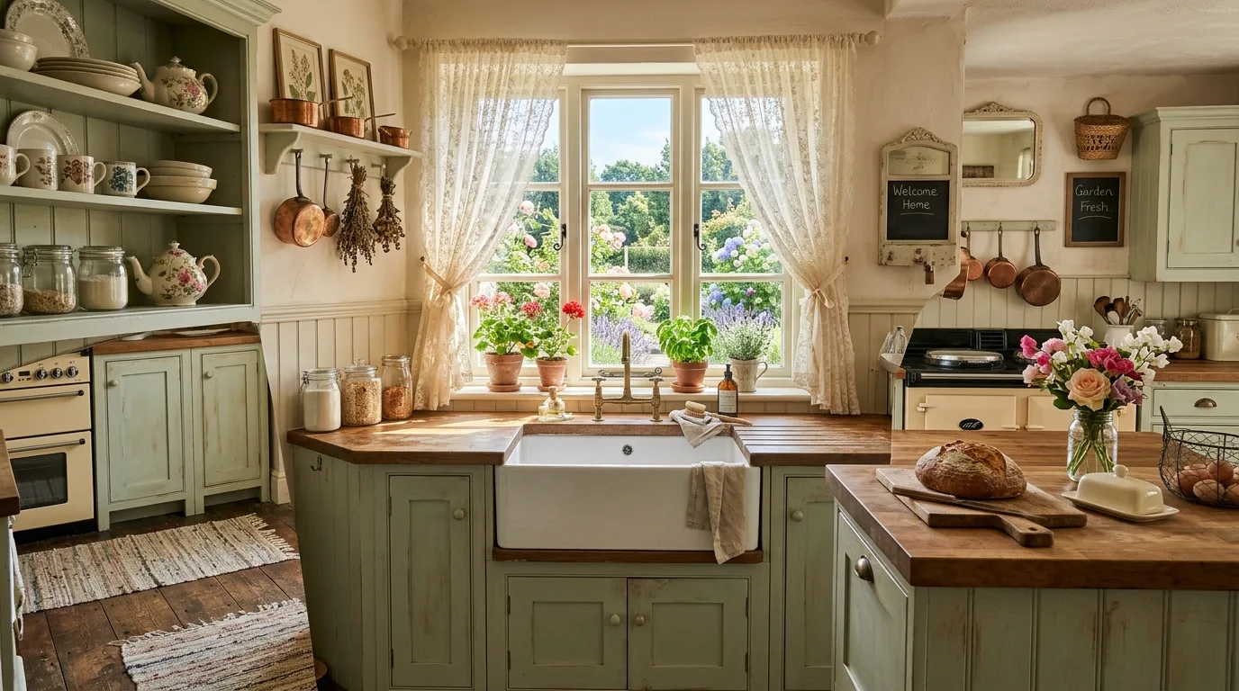 A cottagecore kitchen with sage cabinetry gingham curtains and farmhouse sink, no people