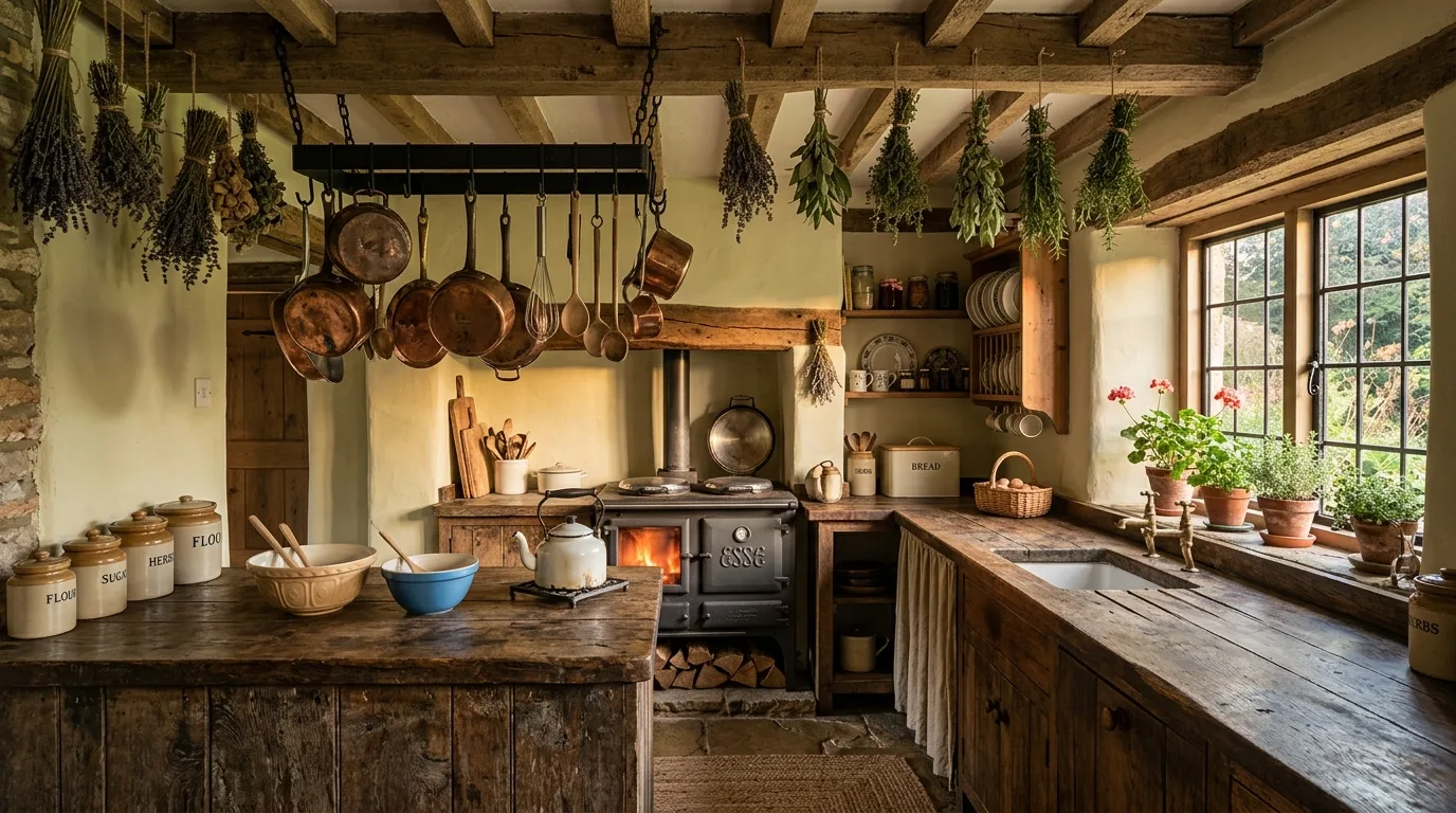 A charming cottagecore kitchen with plate rack wallpaper and brass rail hooks, no people