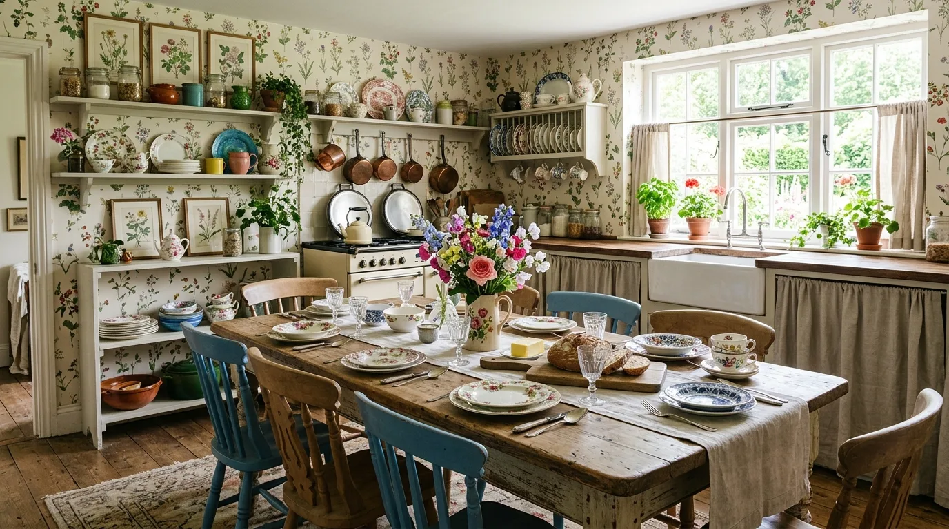 A sunny cottagecore kitchen breakfast corner with painted chairs and jars, no people
