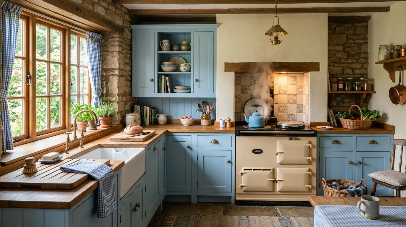 A charming cottagecore kitchen with blue and cream tones lace curtain and stoneware crocks, no people
